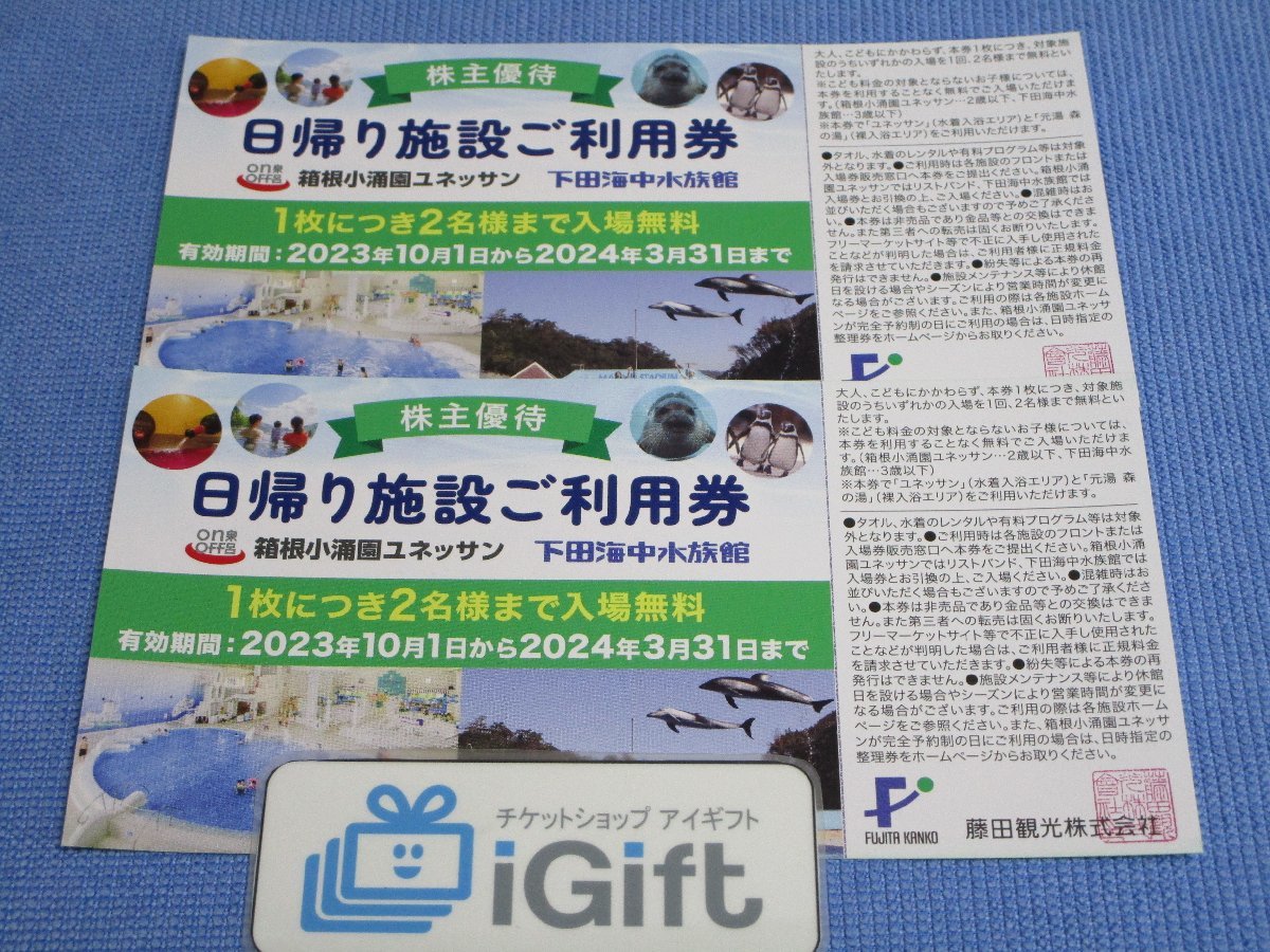 普通郵便無料★藤田観光 ペア 日帰り施設利用券×2枚セット (ユネッサン/下田海中水族館) 2024.3.31まで★ #2382・緑_画像1