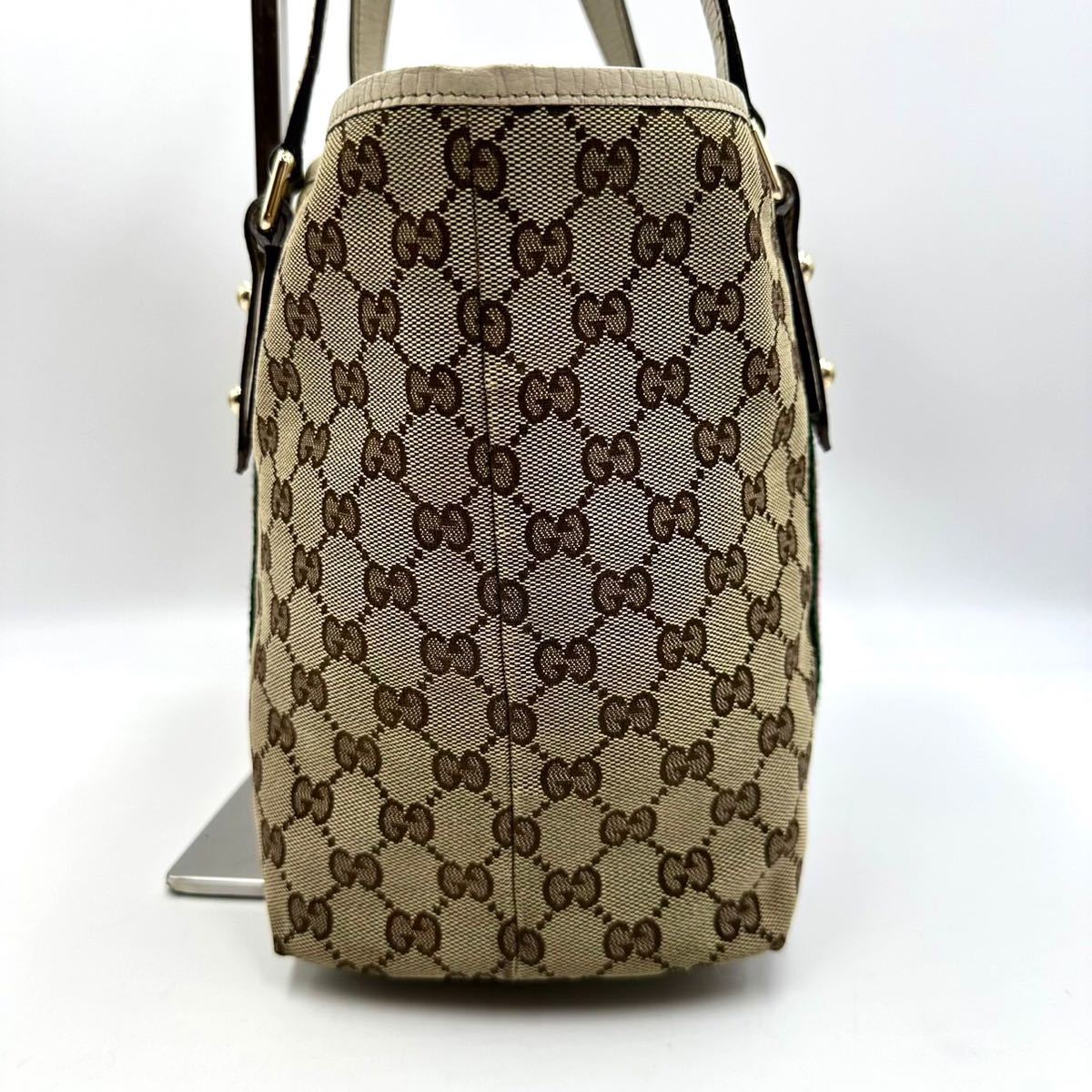 1482 極美品 廃盤希少● GUCCI グッチ トートバッグ シェリーライン ブーツ金具 GGキャンバス 手提げ 肩掛け可能 レザー ゴールド 本革 _画像4