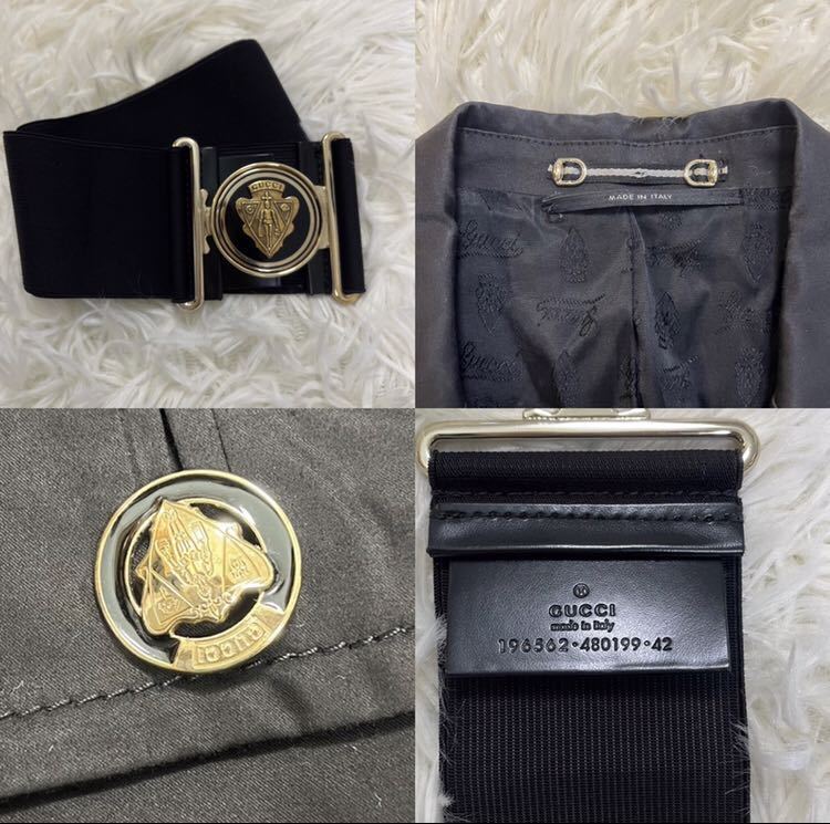 1043 希少 完売モデル● GUCCI グッチ テーラードジャケット クレスト金具 ロゴ ベルト付き ブラック レディース ビジネス 裏地総柄 黒色_画像8