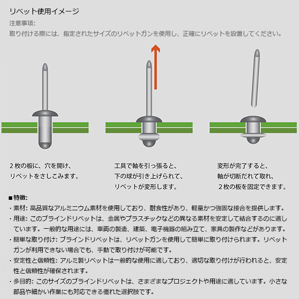 アルミ材質 ブラインドリベット100本入り 4.8mmx12mm TM4812H_画像4