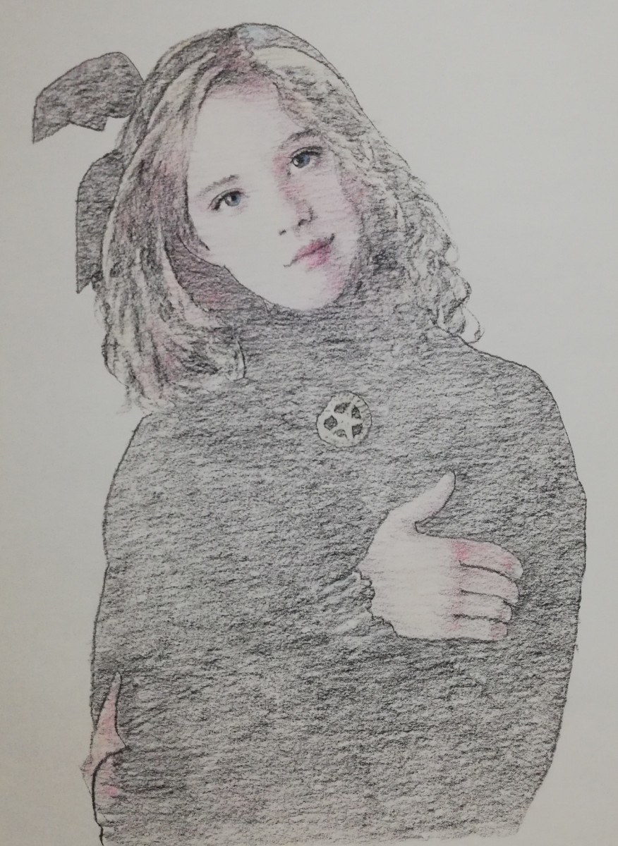 松原健治 ドローイング 原画「Girls 1311」A3 _紙にチャコール鉛筆と色鉛筆
