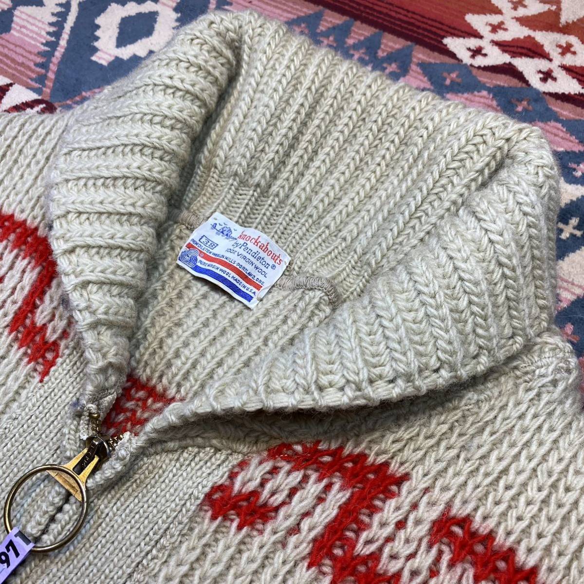 激レア70s Vintageクリーニング済USA製knock abouts by Pendletonペンドルトン100%WOOLネイティブ ショールカラーTALON Zipカーディガン38M_シック落着きある大人の襟元ショールカラー