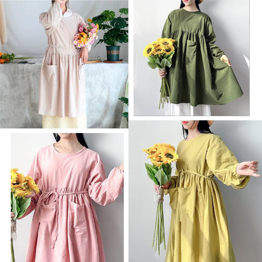  break up . put on One-piece ins manner apron sleeve attaching with pocket beige childcare worker nursing . nursing gardening cooking picture simple natural 