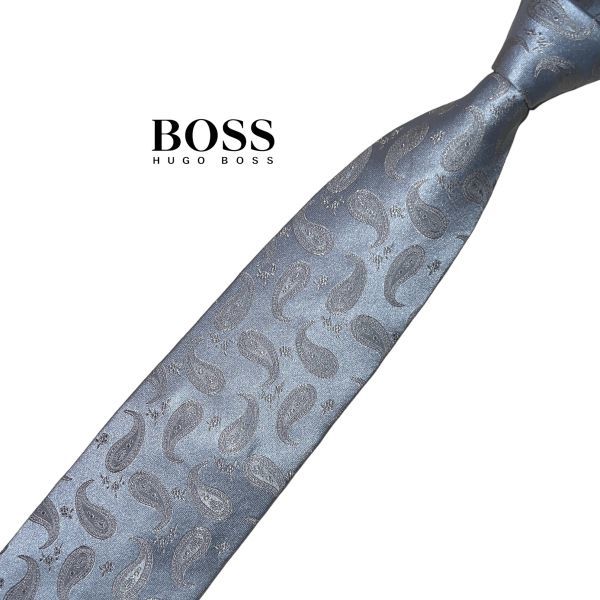 * beautiful goods * HUGO BOSS necktie peiz Lee pattern light gray series USED Hugo Boss USED men's clothing accessories used t580