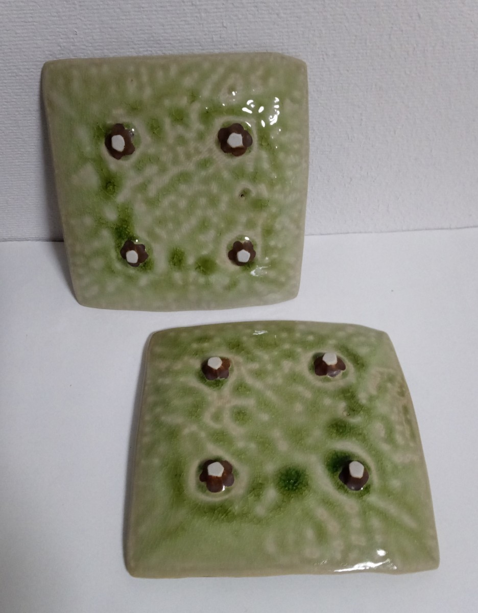 角皿 2枚 銘々皿 和食器 緑系 約15.5センチ角 グリーン 菓子皿_画像4