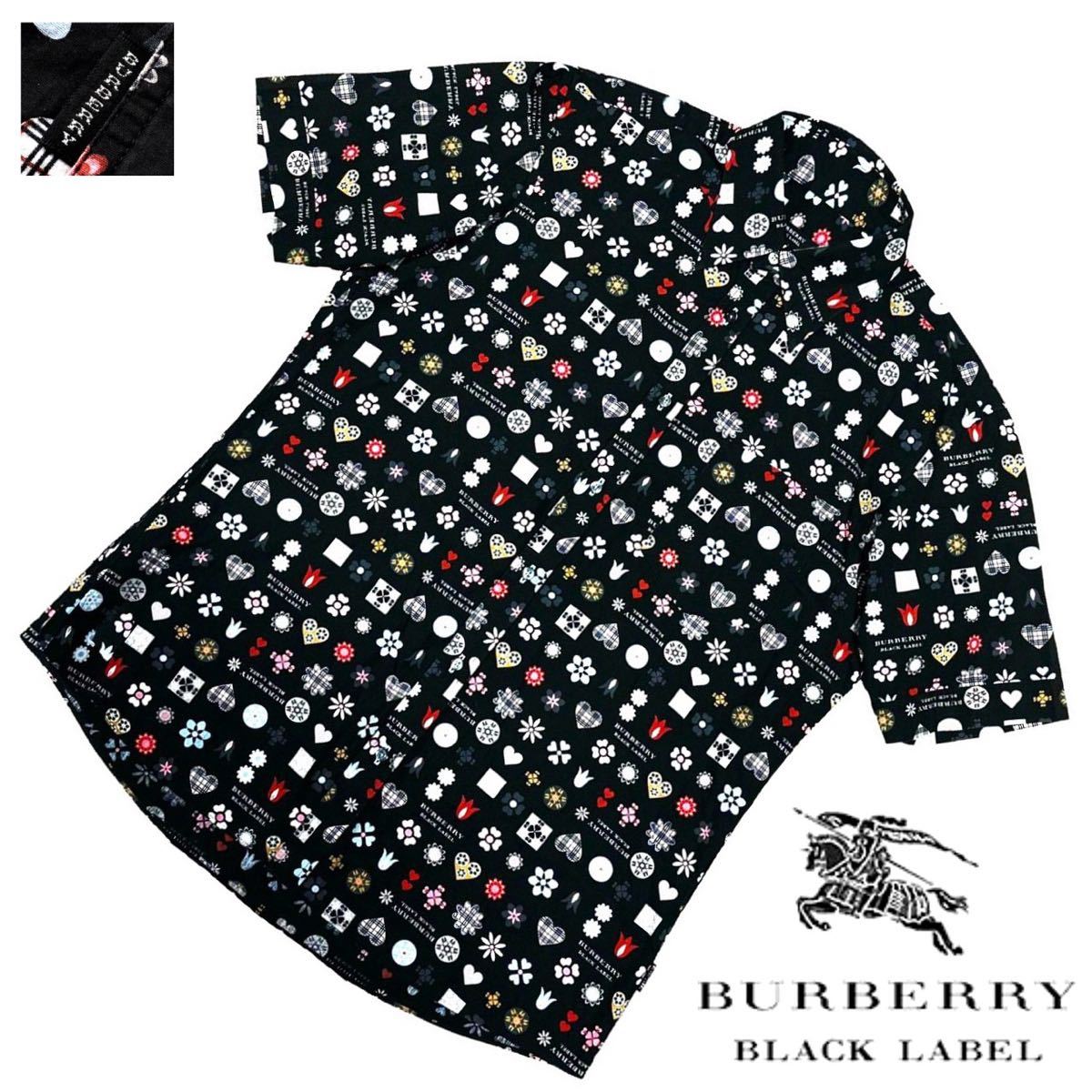幻の逸品! 超希少 美品 日本製 名作 バーバリーブラックレーベル マルチモノグラム 総柄 半袖 ドレス シャツ 3/L 黒 BURBERRY BLACK LABEL