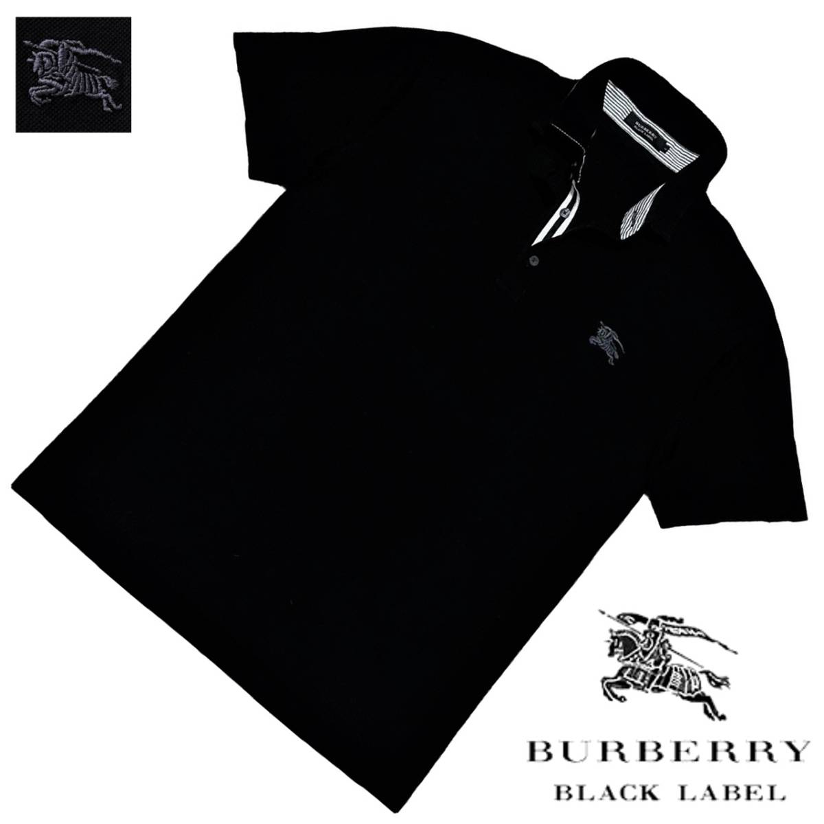 極美品 日本製 バーバリーブラックレーベル BIGホース刺繍 前立てストライプ ボーダー 鹿の子 ポロシャツ 4/LL XL 黒 BURBERRY BLACK LABEL