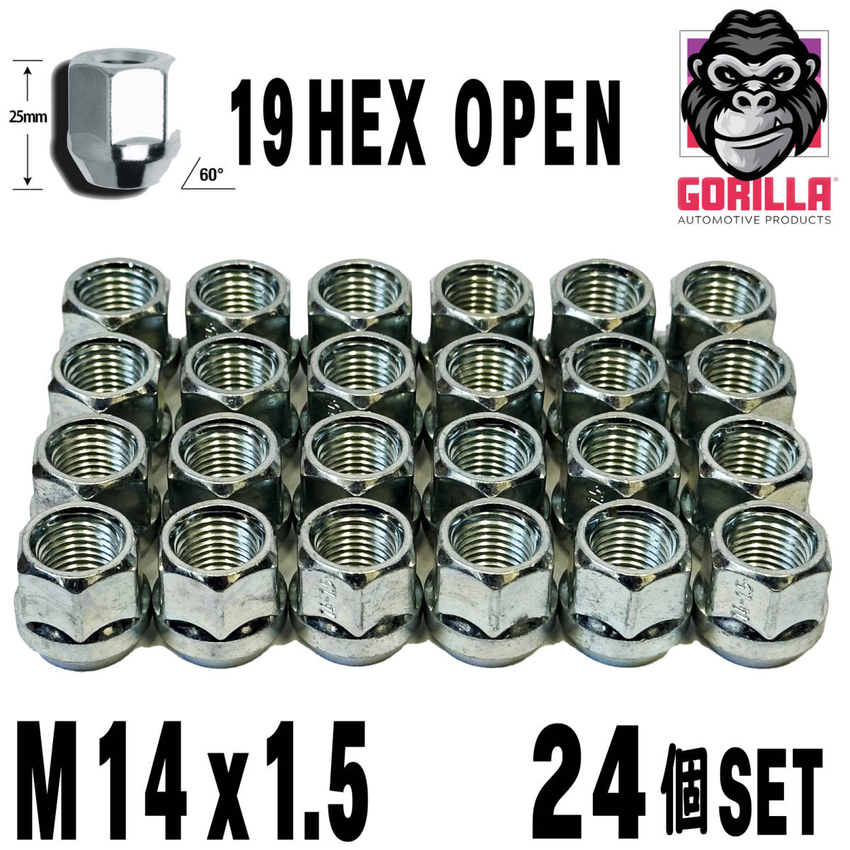 送料無料 M14x1.5【24個セット】貫通ナット 19HEX 19ミリ ホイールナット シボレー タホ サバーバン シルバラード オープンナット