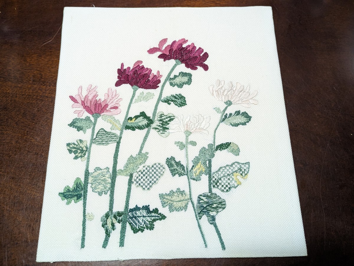 刺繍 昭和レトロ 花 白色 ピンク 紫 植物 縦約27cm 横約24cm_画像1