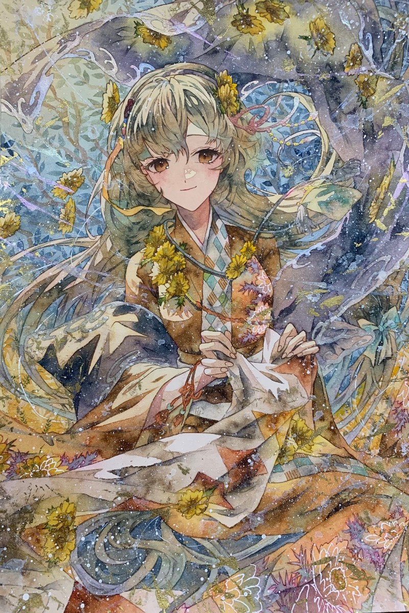 オリジナル　手描きイラスト 女の子　和風　◆花姫シリーズ◆　「福寿姫」　A4サイズ_画像3