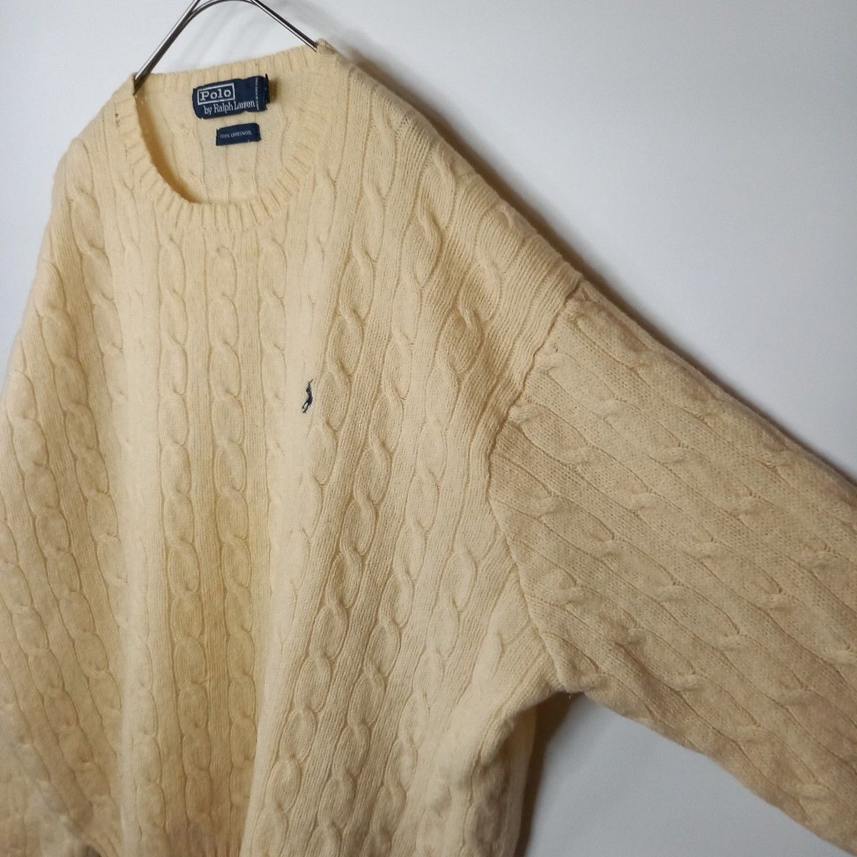 90s　ラルフローレン　ウールニット　セーター　ケーブル編み　刺繍　ホワイト　XXL　RALPH LAUREN