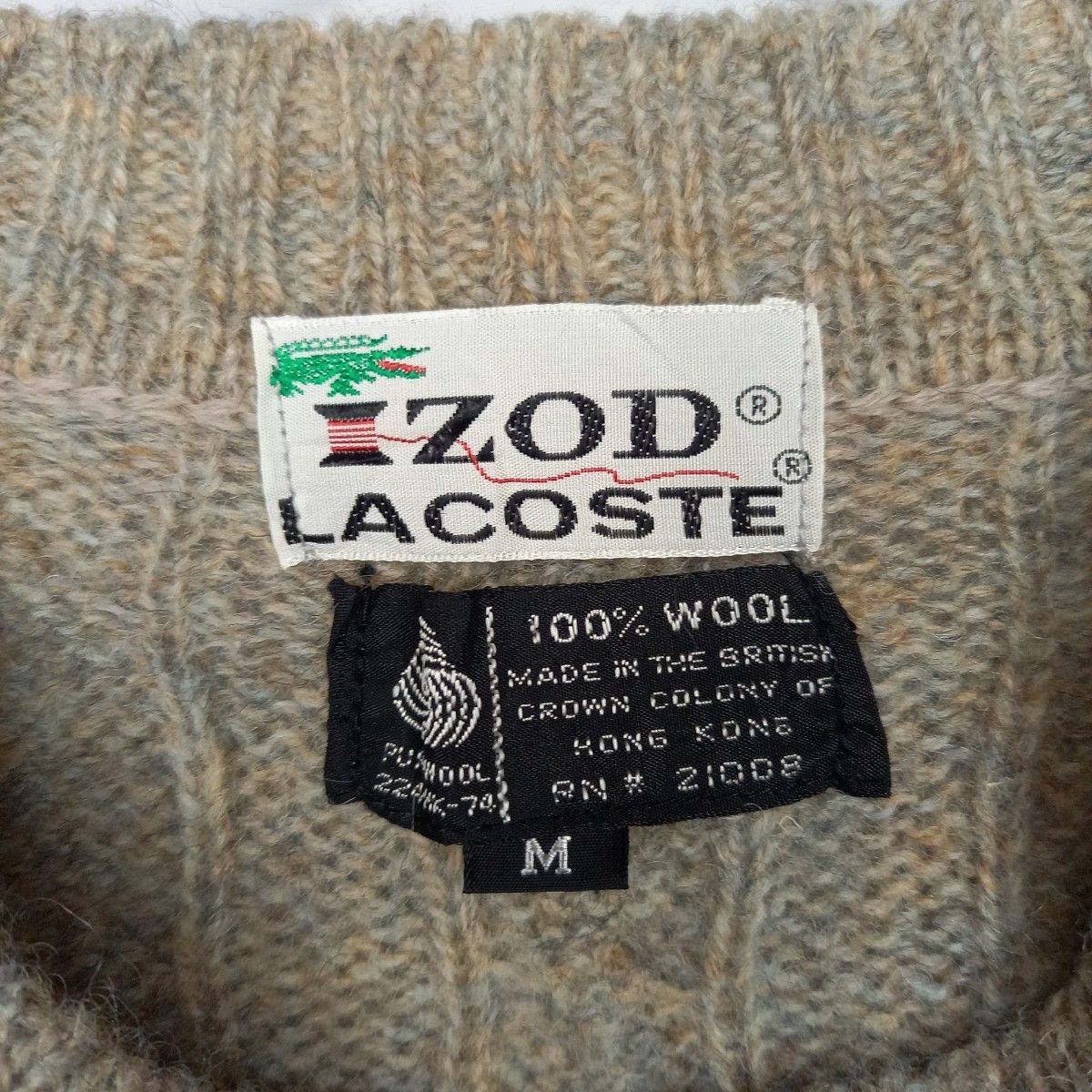 70s　アイゾッド　ラコステ　ニット　ケーブル編み　刺繍　糸巻きタグ　ベージュ　M　 セーター　IZOD　LACOSTE 