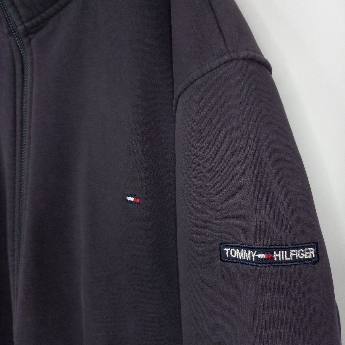 90s　トミーヒルフィガー　スウェット　ジャケット　刺繍　裏起毛　ネイビー　XXL 2XL 3L　 長袖　ジップアップ