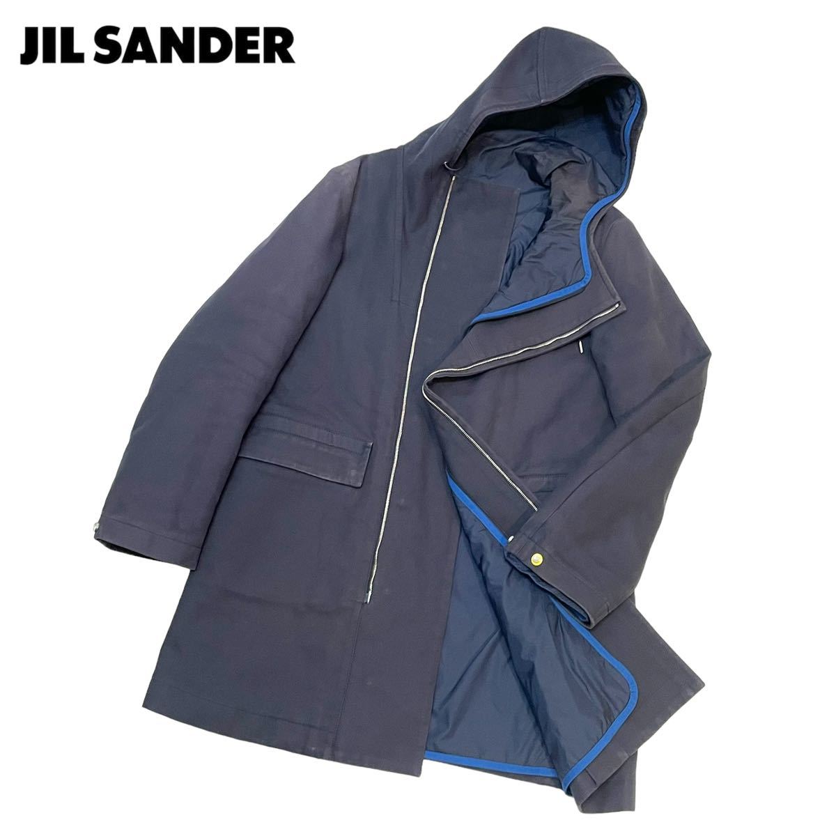 正規品 Jil Sander ジルサンダー 14AW フーデット コート ジップアップ ジャケット ロング coat ライナー付き ネイビー 44 イタリア製 _画像1