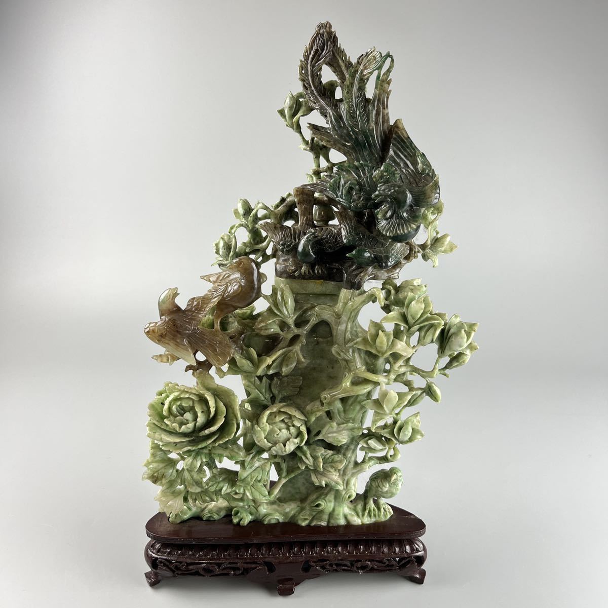 中国古玩 翡翠 玉石 彫刻 花鳥彫 置物 天然石 鑑賞石 飾物 置物 細密 
