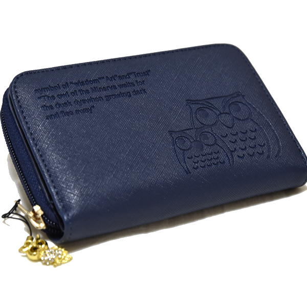 新品 フクロウ 財布 レザー 二つ折り ファスナー ネイビー 縁起 未使用 紺 福財布 合皮の画像2