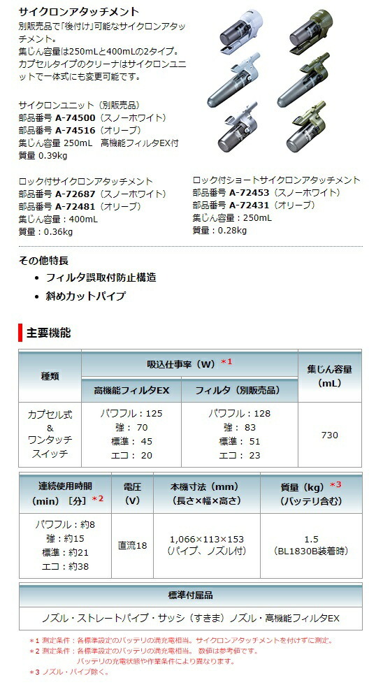 (マキタ) 充電式クリーナ CL284FDRFO オリーブ バッテリBL1830B+充電器DC18RF付 カプセル式＆ワンタッチスイッチ 18V対応 makita_画像6