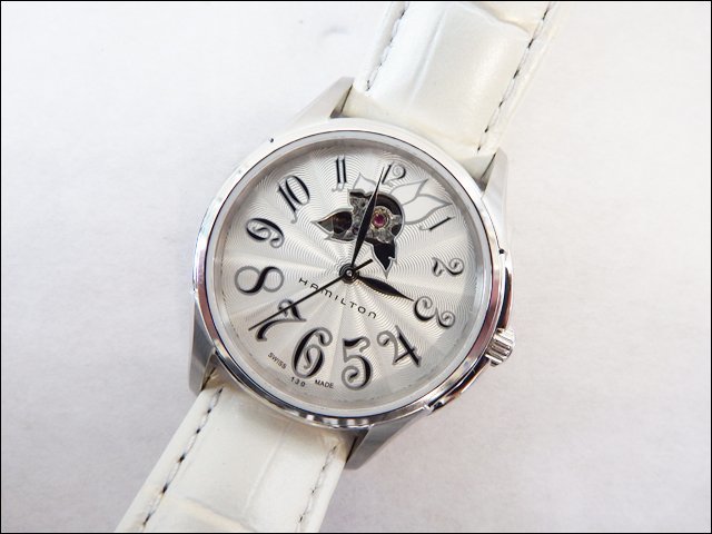 美品 HAMILTON/ハミルトン◆ジャズマスター/H323650◆レディース腕時計 自動巻き 裏スケ 革ベルト シルバー文字盤 冊子・元箱付