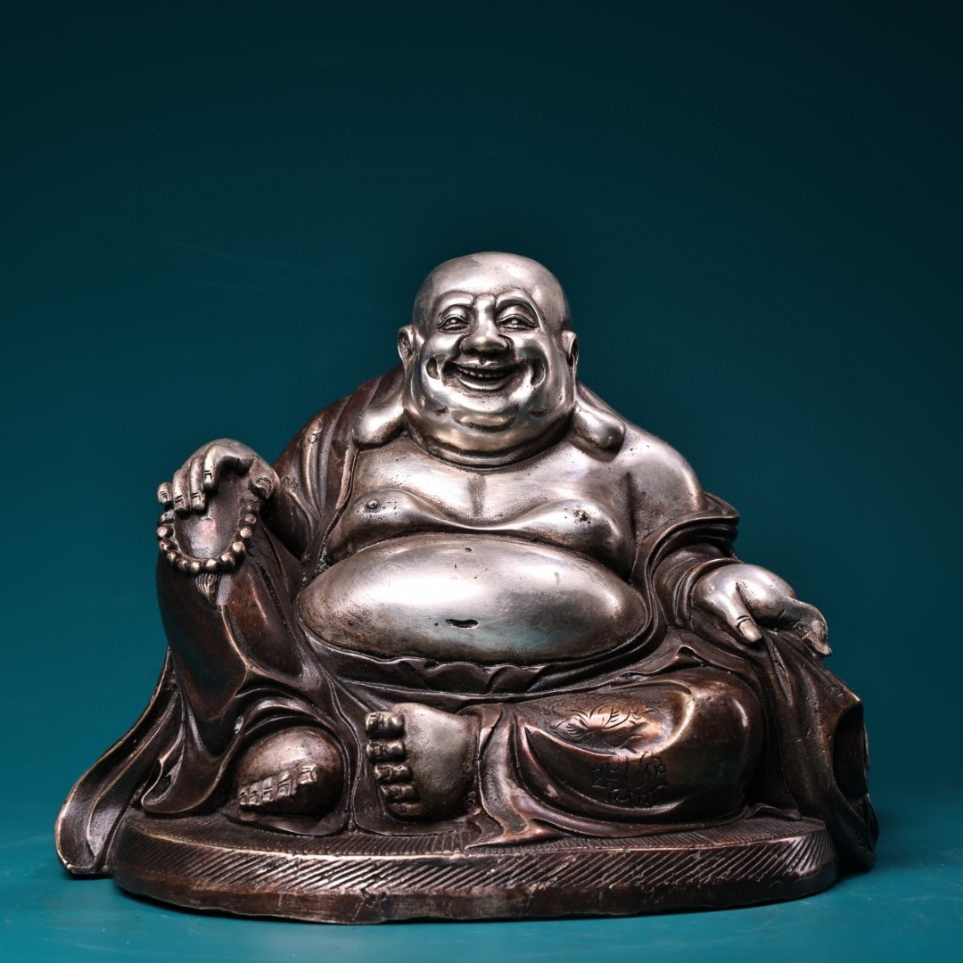 ▽鴻▽ 銅製 銀鍍 布袋彌勒仏 置物 古賞物 中国古玩 中国古美術