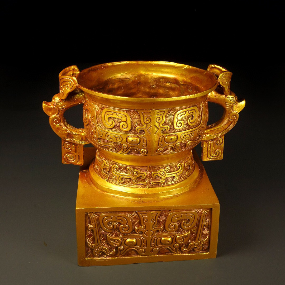 ▽鴻▽ 銅製 塗金 雙耳 聚寶鼎 置物 古賞物 中国古玩 中国古美術