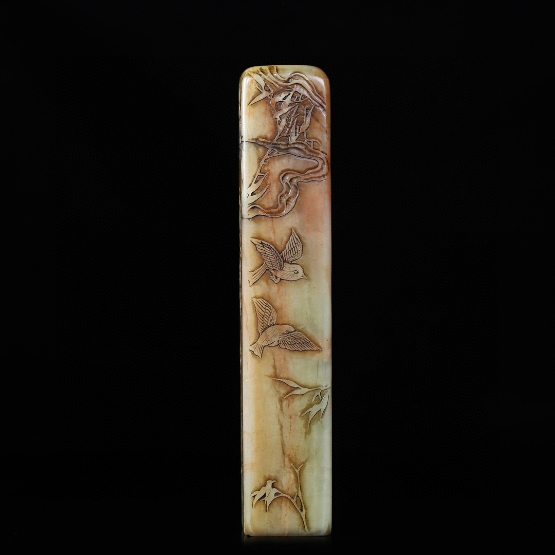 ▽鴻▽ 寿山石 芙蓉石 細密彫 雙鳥紋印章 置物 古賞物 中国古玩 中国古美術