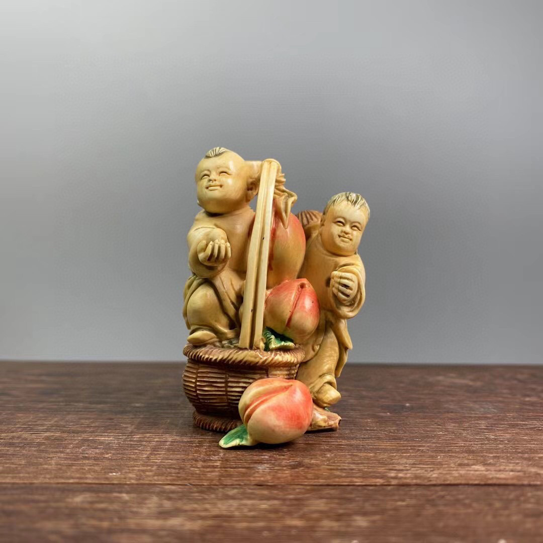 ▽鴻▽ 牙材細密彫 童子祝寿 置物 古賞物 中国古玩 中国古美術