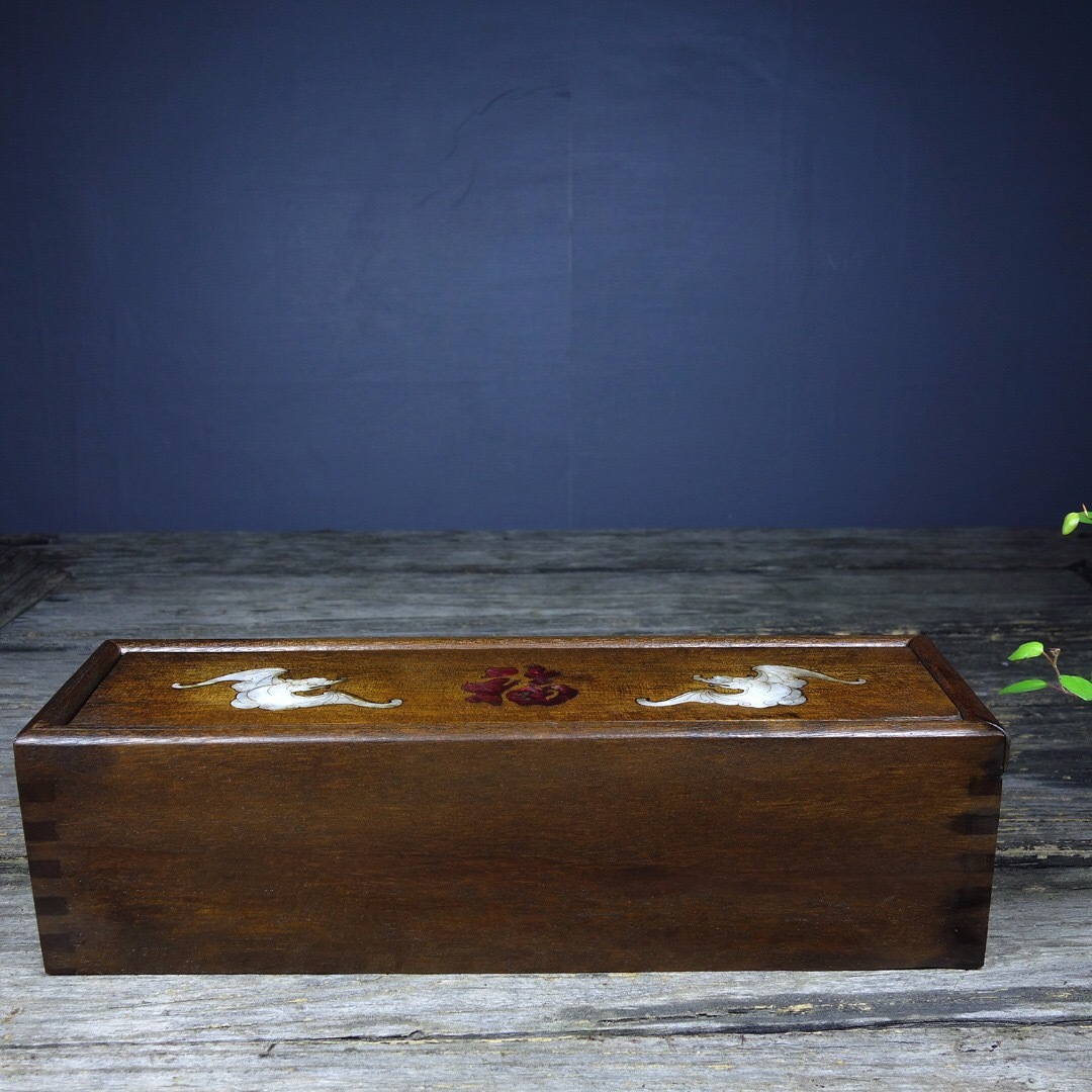 ▽鴻▽ 花梨木製 細密彫 彩繪 貝殼嵌 福氣紋 首飾盒 置物 古賞物 中国古玩 中国古美術