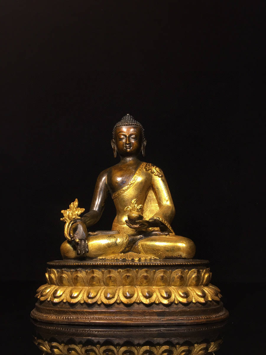 ▽鴻▽ 銅製 塗金 釋迦牟尼藥師像 置物 古賞物 中国古玩 中国古美術