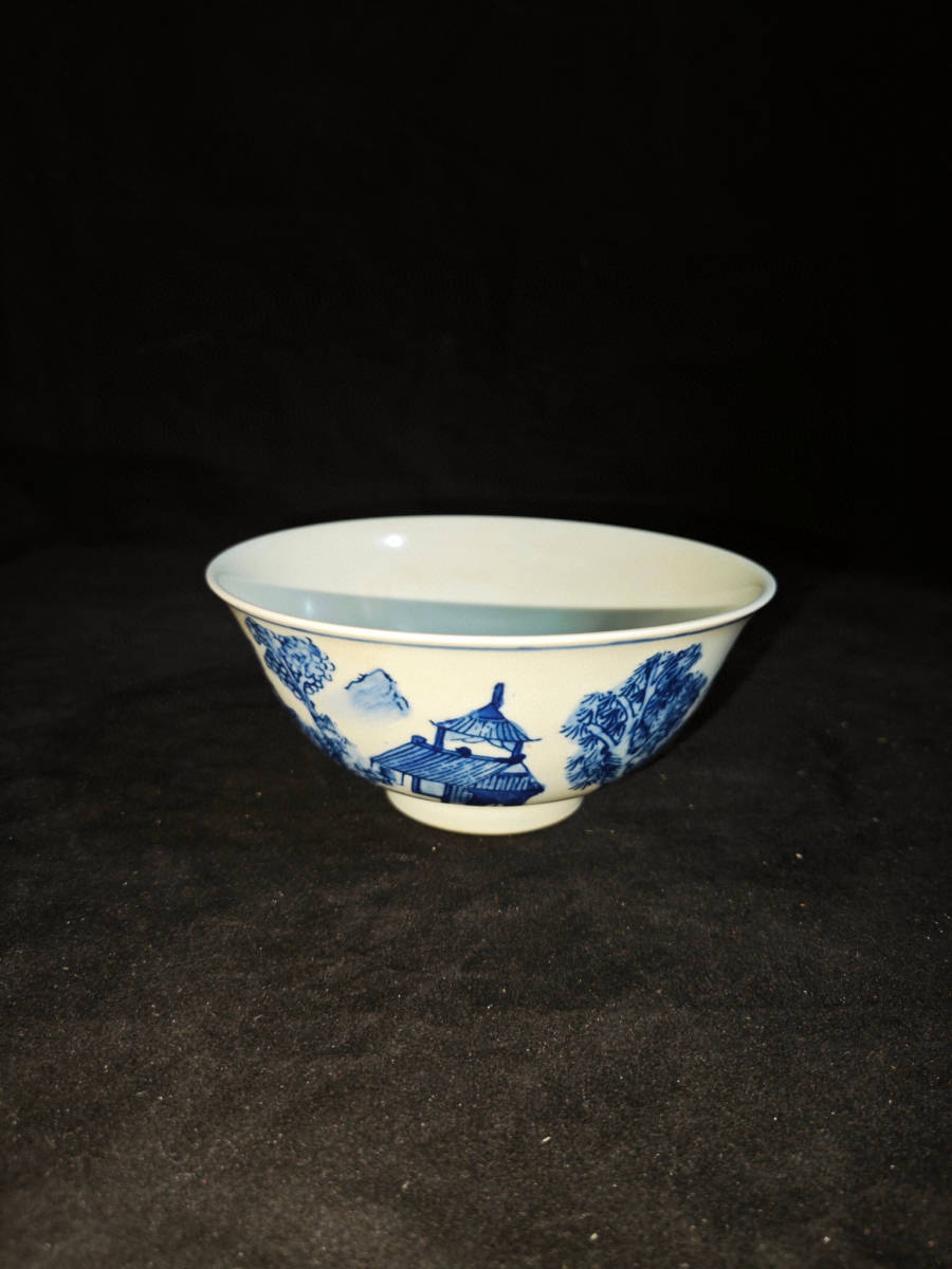 ▽鴻▽ 清 康熙年製款 古陶瓷品 青花 山水紋 茶碗一對 置物 古賞物 中国古玩 中国古美術_画像2