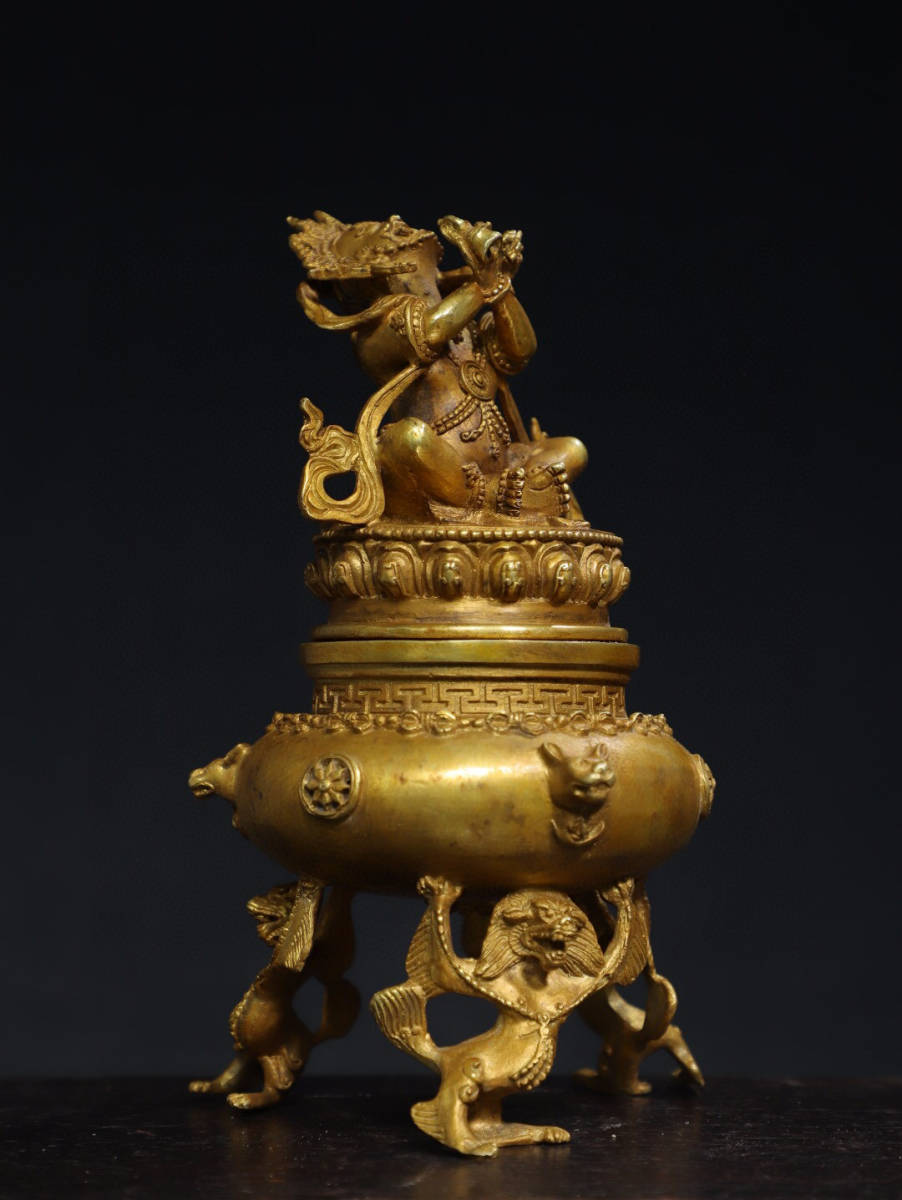 ▽鴻▽ 銅製 塗金 三足大黑天熏香炉 置物 古賞物 中国古玩 中国古美術