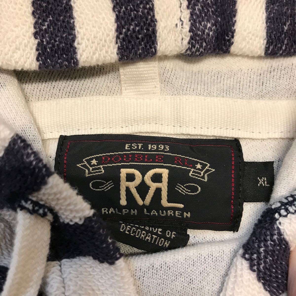 美品! RRL ダブルアールエル ジップアップ ボーダーパーカー NAVY x WHITE マリンストライプ サイズXL パイル生地 RALPH LAUREN レア！_画像4