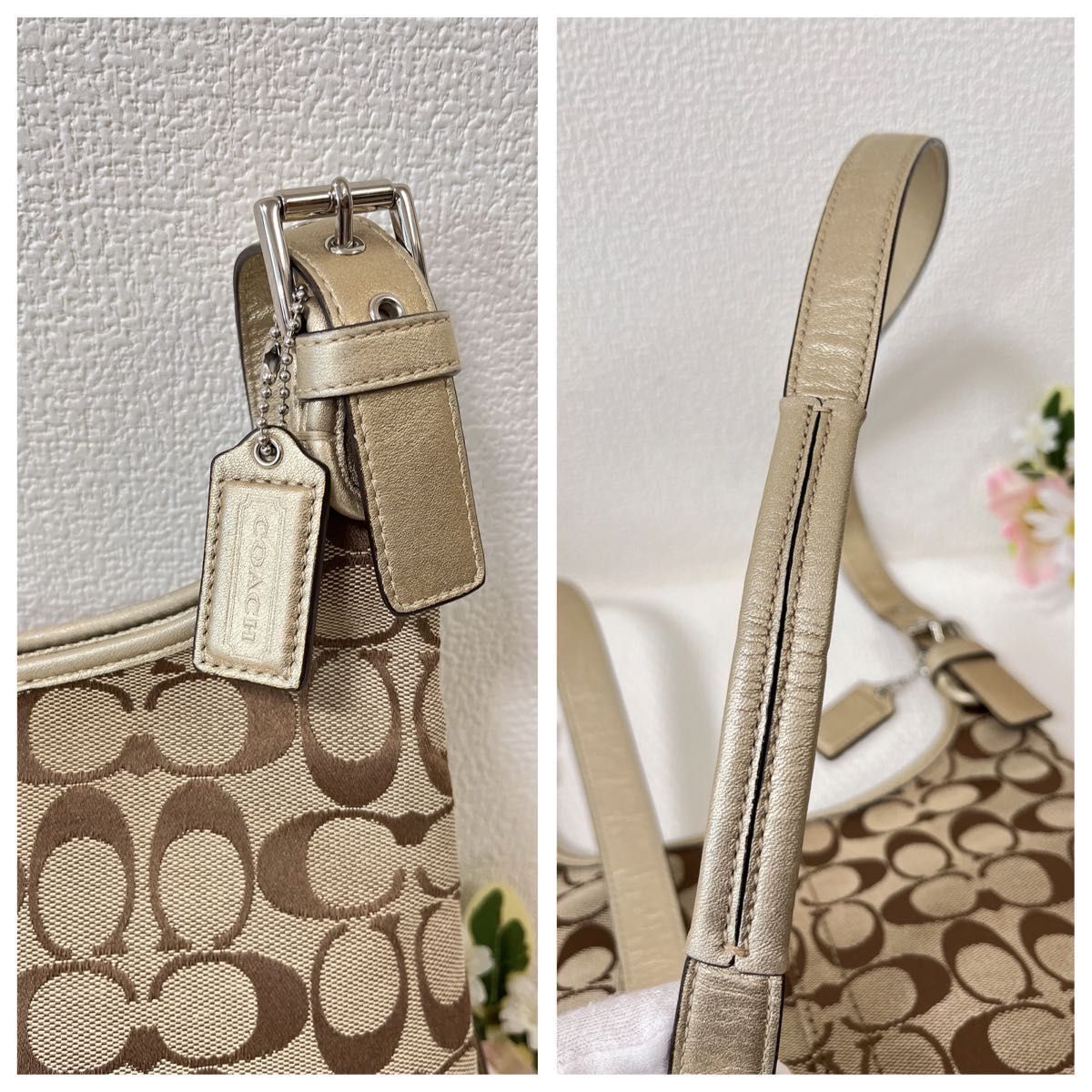 【極美品】COACH コーチ ショルダーバッグ シグネチャー柄 カーキ×ゴールド ジャガード×レザー チャーム付き