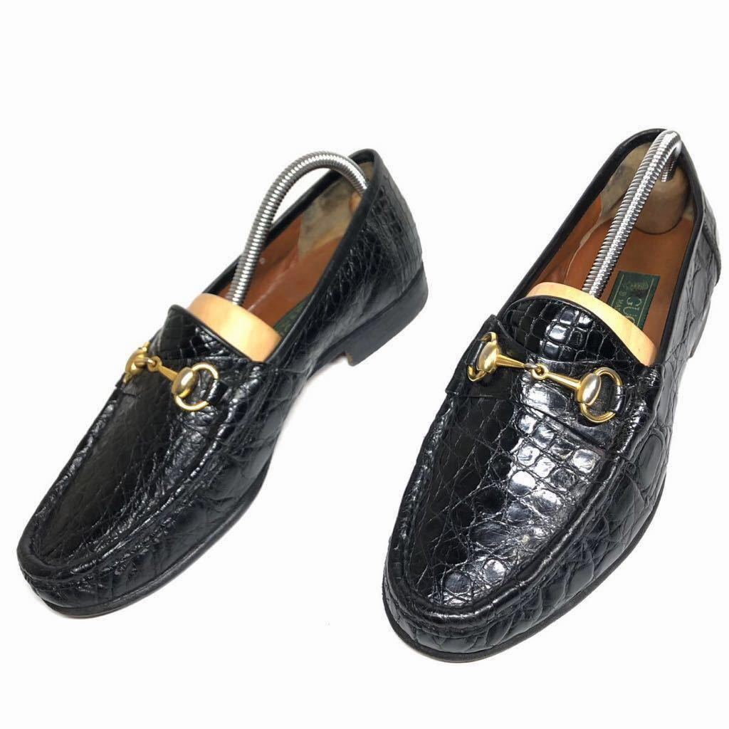 [ Gucci ] подлинный товар GUCCI обувь 26cm чёрный общий крокодил шланг bit bit Loafer туфли без застежки бизнес обувь wani кожа мужской сделано в Италии 41 D