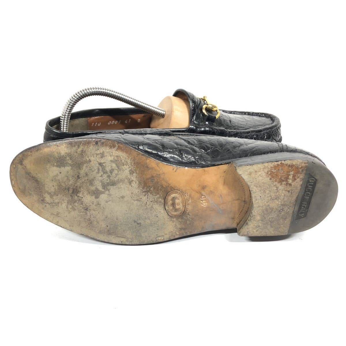 [ Gucci ] подлинный товар GUCCI обувь 26cm чёрный общий крокодил шланг bit bit Loafer туфли без застежки бизнес обувь wani кожа мужской сделано в Италии 41 D