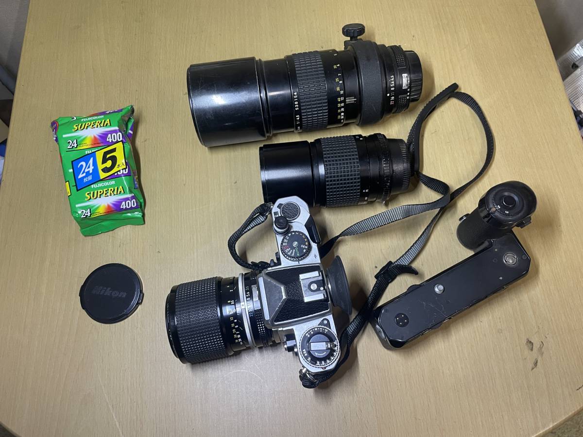 現状品 中古 NIKON ニコン FE ブラックボディ黒 + NIKKOR 43-86mm 200mm 300mm F3.5 一眼レフカメラ フィルムカメラ ジャンク_画像1