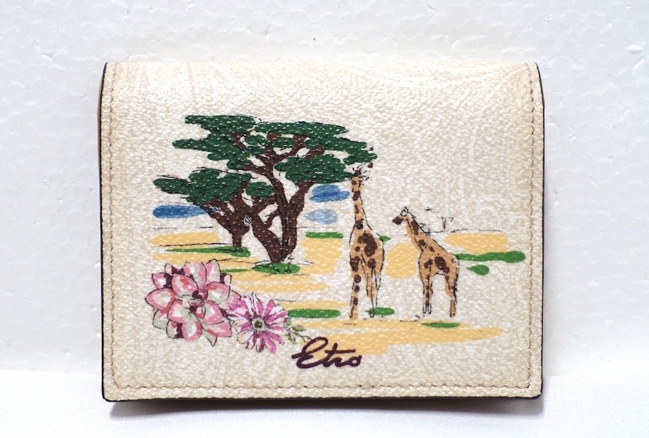  as good as new ultimate beautiful goods ETRO Etro DESERT MIRAGESpeiz Lee pattern compact wallet folding twice purse sand .. ...PVC× leather giraffe 