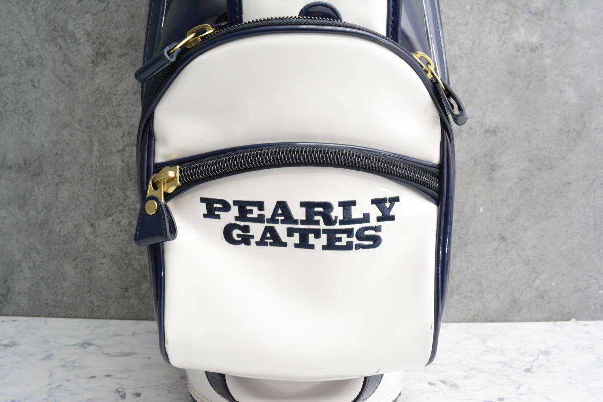 【程度良好 人気ブランド】パーリーゲイツ PEARLY GATES キャディバッグ 89 スマイル エナメル ホワイト ネイビー 8.5型 46インチ 6分割_画像6