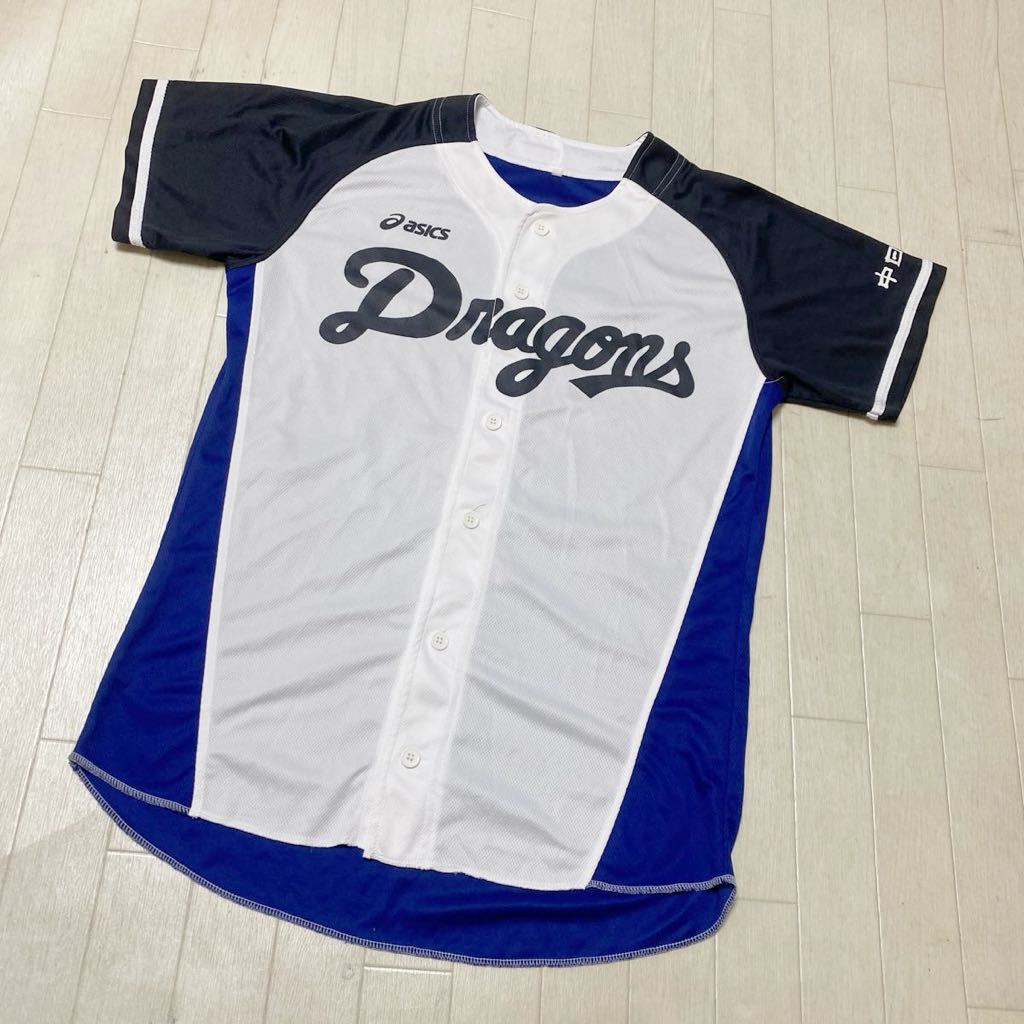 3776☆ ASICS アシックス 中日ドラゴンズ トップス ゲームシャツ 野球 メンズ ネイビー ブルー_画像1