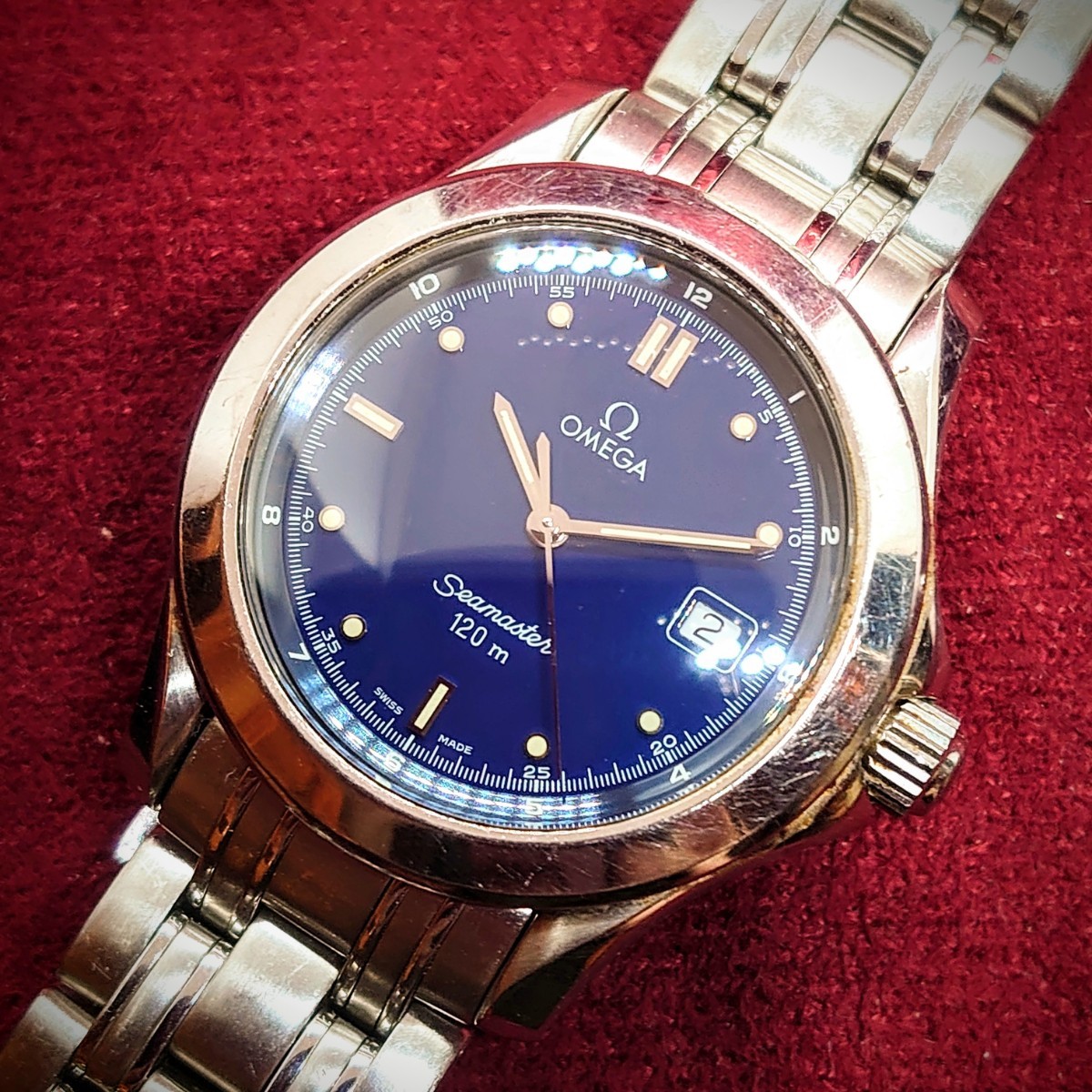 147【Ω/動作品】OMEGA SEAMASTER 120m メンズ腕時計 オメガ シーマスター シルバー×青文字盤 アナログ デイト ブランドウォッチ