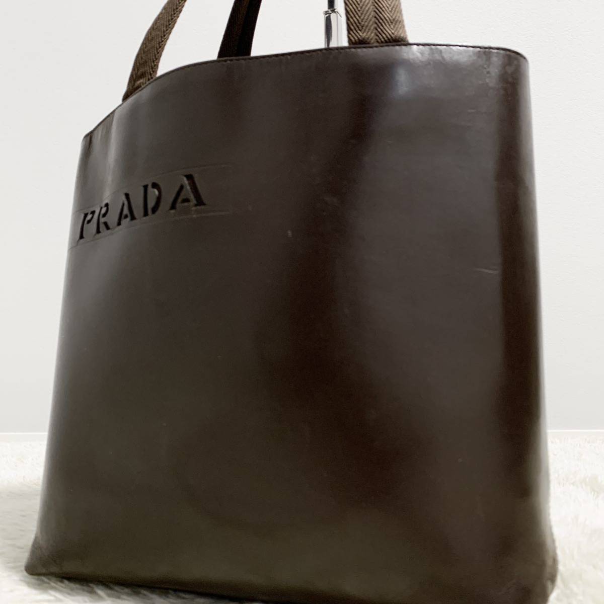 1円〜 美品 プラダ PRADA メンズ ビジネス トートバッグ ハンド カーフレザー 本革 肩掛け 手提げ 型抜き B5収納 ロゴ ブラウン_画像1