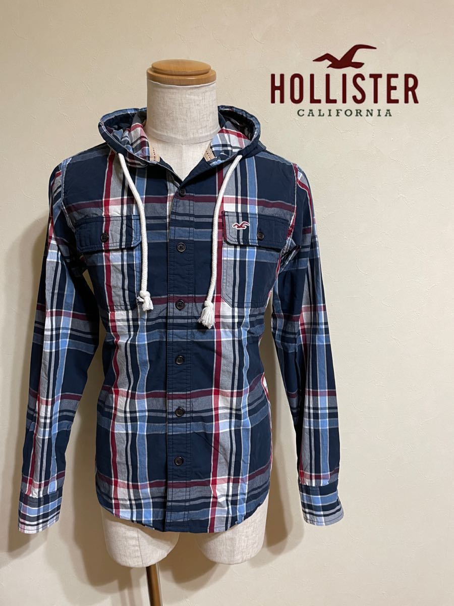 【未使用】 HOLLISTER ホリスター タータンチェック柄 フーディ シャツ トップス サイズM 長袖 ネイビー_画像1