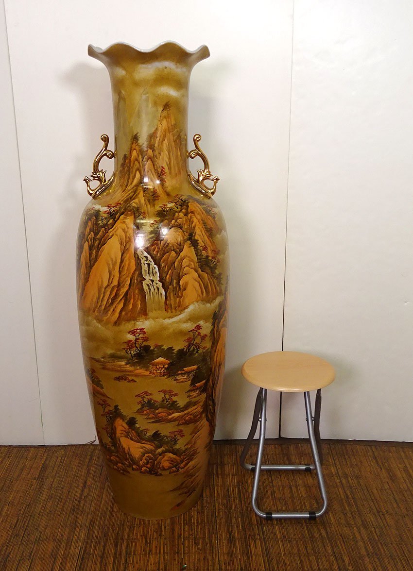 緑屋2■ 【引取限定】中国古玩　特大　花瓶　双耳　肉筆　色絵　山水図　高約145cm　　bni/10-140/H#引取