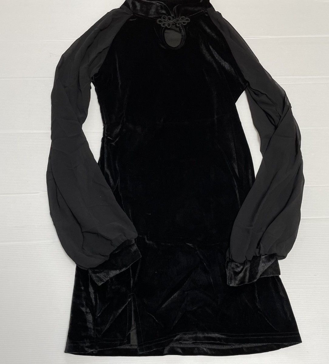 チャイナ服 チャイナドレス ワンピース シースルー L 黒 ブラック 長袖 ベロア キャバドレス ナイトドレス L 3622