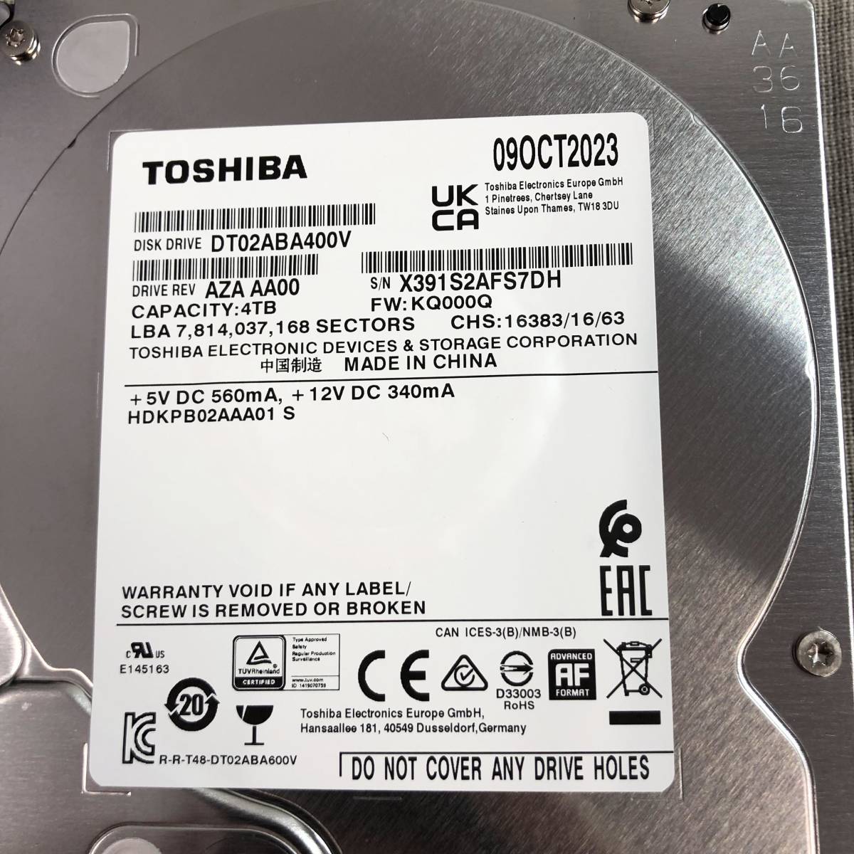 東芝 3.5インチ HDD 4TB 内蔵型 DT02ABA400V_画像2