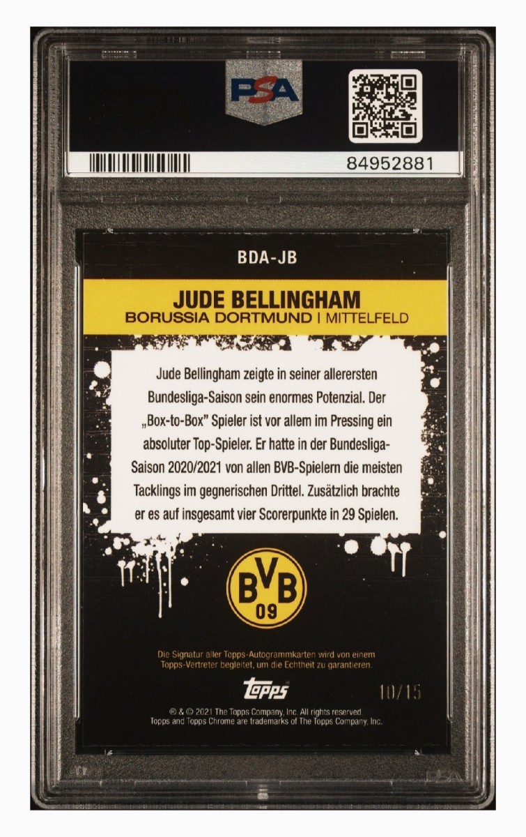 【PSA9】2021-22 Topps Chrome BVB SoccerJude Bellingham Borussia Dortmund Autograph black refractor /15 on card ベリンガム 15シリ_画像2