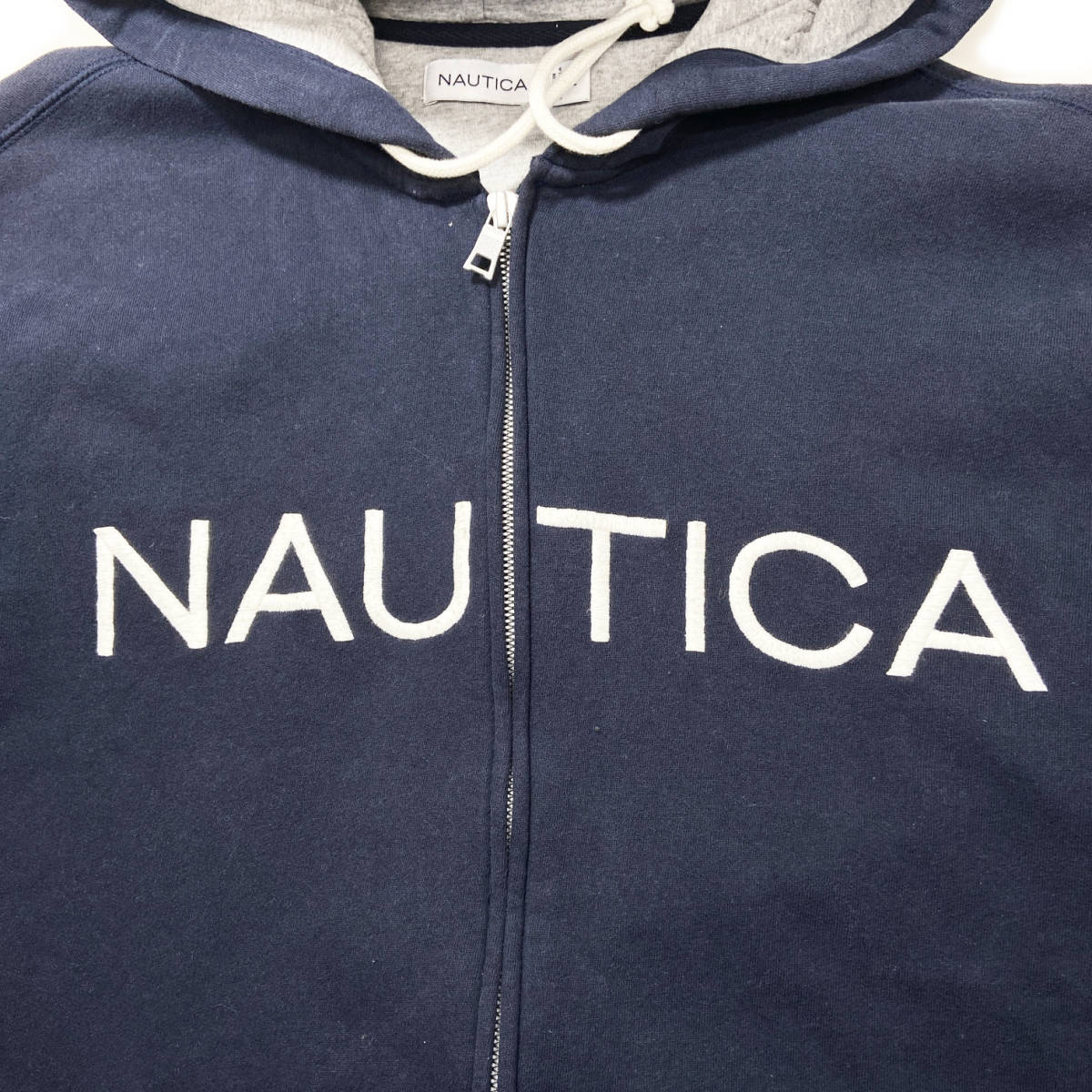 【USED】ノーティカ NAUTICA ジップ パーカー フーディー 刺繍ロゴ キャンプ アウトドア 古着 XL相当 ネイビー ☆送料無料☆