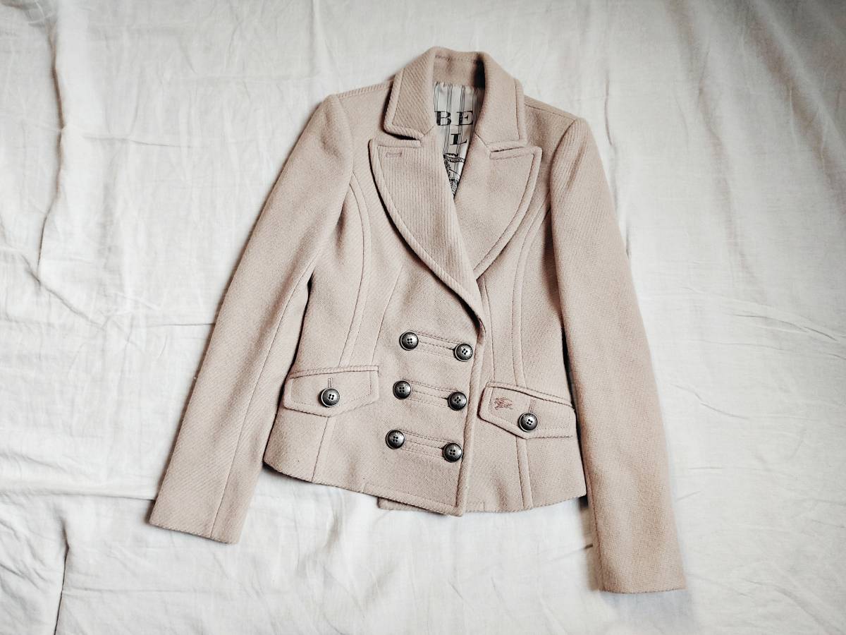 美品 BURBERRY BLUE LABEL バーバリー ブルーレーベル コート ショート ジャケット ウール 裏地ストライプ 38 ベージュ レディース △1の画像1