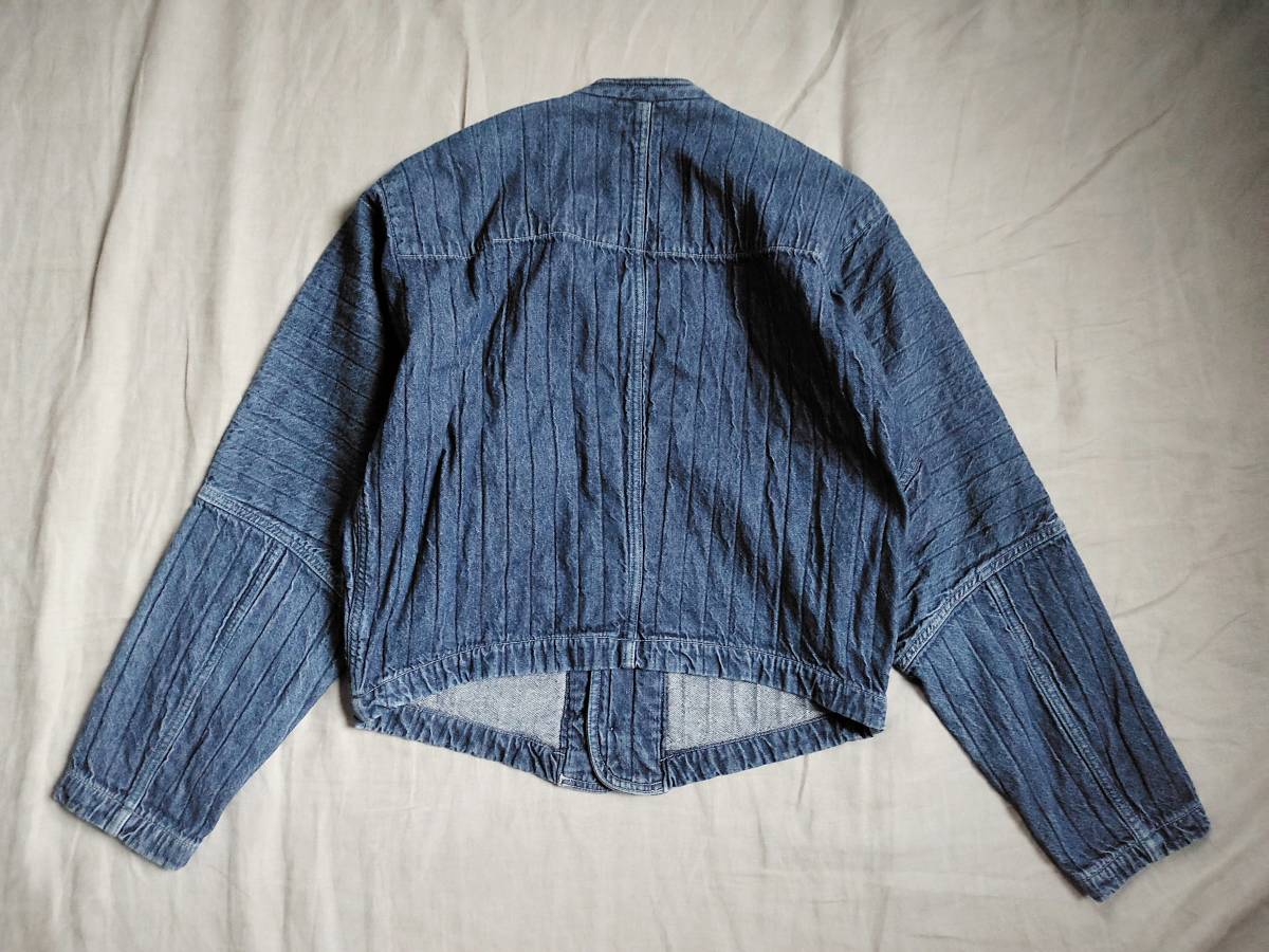 レア 80’S ビンテージ jean of plantation ISSEY MIYAKE イッセイミヤケ ジャケット デニム ノーカラー ワイド インディゴ メタル M △1_画像2