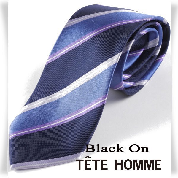 新品1円～★Black On TETE HOMME テットオム シルク絹100％ ネクタイ ストライプ ネイビー 正規店本物◆2764◆_画像1