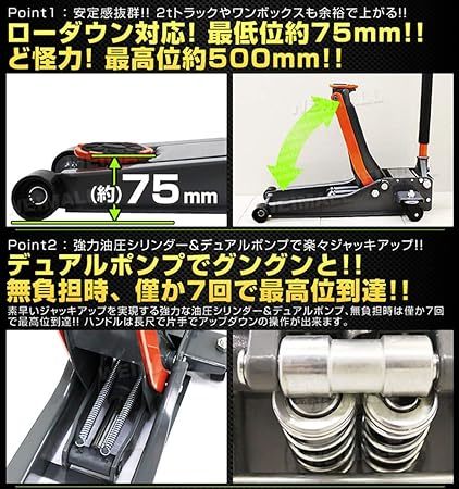 ジャッキ 3t 低床 デュアルポンプ式 最低位75mm/最高位500mm ローダウン車対応 ジャッキアップ ガレージジャッキ (グレー)　b-43_画像3